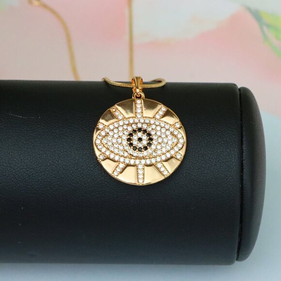 "Round Evil Eye Rose Gold Pendant with CZ Crystals and Shine Finish, XPPT1519 - Picture 4 of 13
